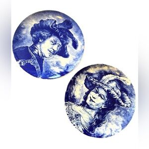 Vintage Boch Freres La Louviere Delft Belgium 11.5" Wall Plates Woman Man x2pc